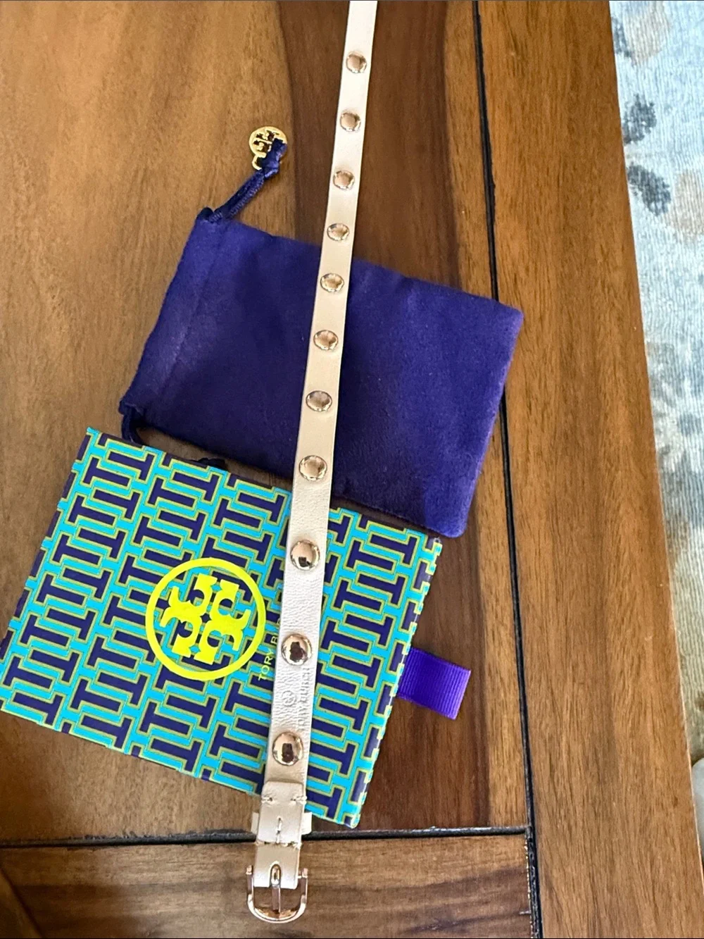 Tory Burch Double Wrap Leather Logo Stud Bracelet with pouch and gift box